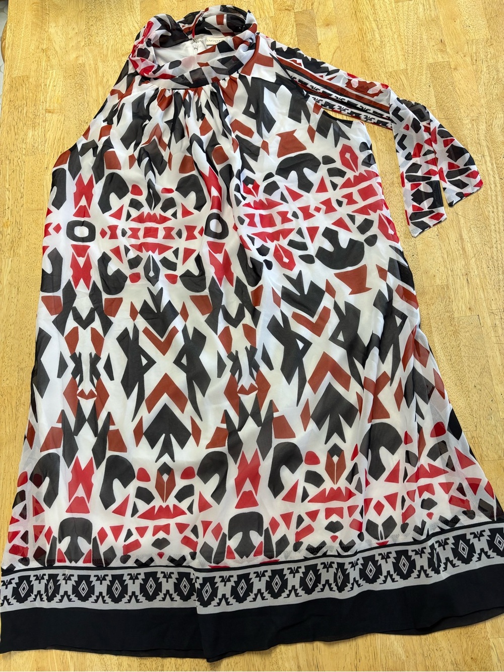 Eva Mendes for New York & Co Geometric Halter Tie Neck Dress in Red & Black